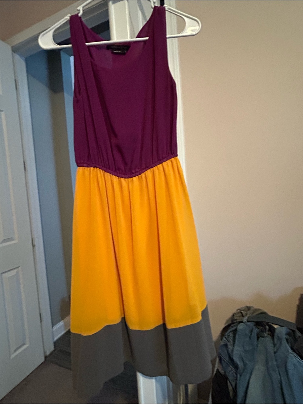 Sleeveless Colorblock Dress in Plum, Yellow & Gray